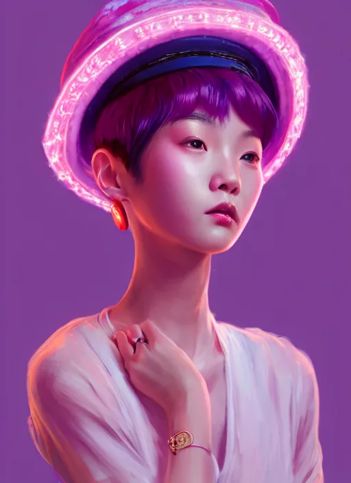Prompt: portrait of chinese shanghai girl with bright pink hair, curly pixie cut hair, wearing a purple cap, breton cap, intricate, elegant, glowing lights, highly detailed, digital painting, artstation, concept art, smooth, sharp focus, illustration, art by wlop, mars ravelo and greg rutkowski