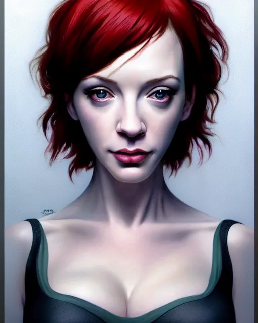 Prompt: sophisticated portrait of young Christina Hendricks starring in ghost in the shell, visible chest and face, fully-centered-photograph, 8k resolution, looking at the camera elegance, highly detailed, shallow depth of field, Artstation, Artgerm, Donato Giancola and Joseph Christian Leyendecker