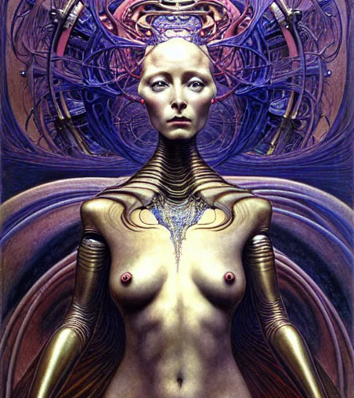 Image similar to detailed realistic beautiful young cher alien robot as queen of mars face portrait by jean delville, gustave dore and marco mazzoni, art nouveau, symbolist, visionary, gothic, baroque. horizontal symmetry by zdzisław beksinski, iris van herpen, raymond swanland and alphonse mucha. highly detailed, hyper - real, beautiful