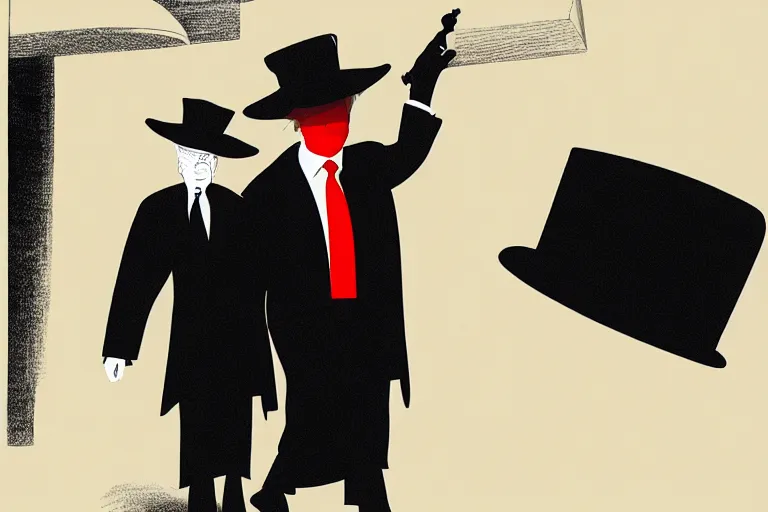 Prompt: poster matte shaded illustration of donald trump and donald trump wearing trench coats and big floppy black spy hats carrying boxes, starring in spy vs spy