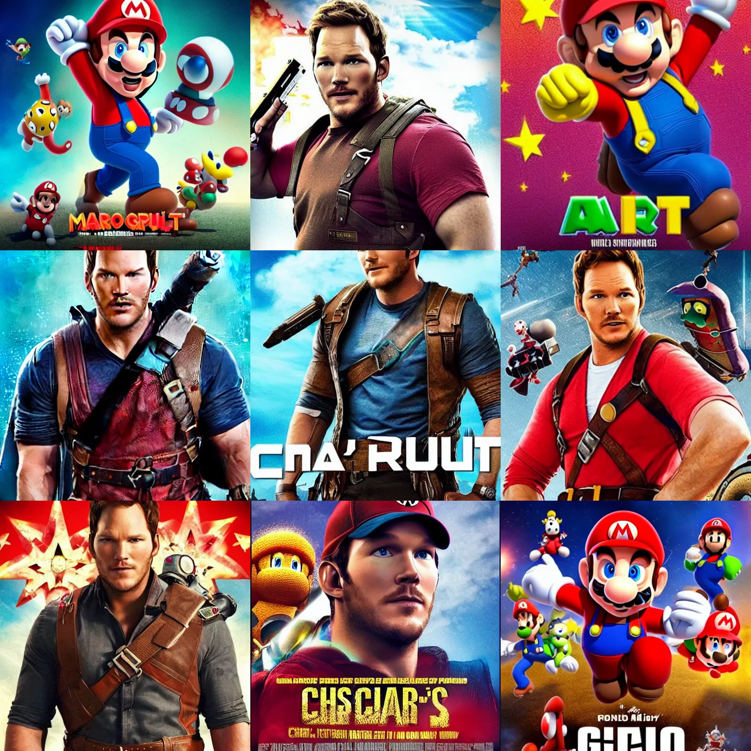 Prompt: chris pratt wearing mario's clothing in an upcoming movie, epic movie poster