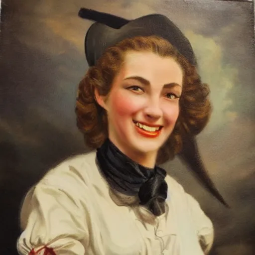 Image similar to oil painting, laughing, happy, beautiful, intelligent, tanned, female pirate captain 2 8 years old, 1 9 4 0 s haircut, fully clothed, wise, beautiful, masterful 1 8 0 0 s oil painting, dramatic lighting, sharp focus