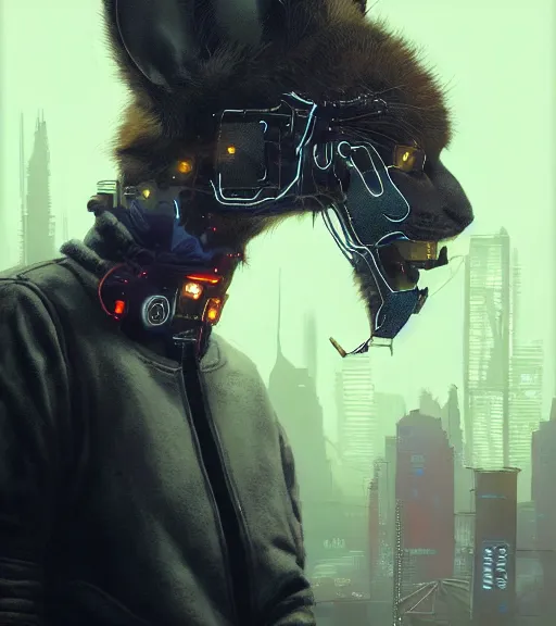 Image similar to new york city portrait of furry anthro anthropomorphic common house cat head animal person fursona wearing clothes strange cybernetic muzzle gloomy rainy screenshot from the video game cyberpunk 2077 digital art by Greg Rutkowski, Simon Stalenhag, christopher nolan trending on Artstation, CGSociety