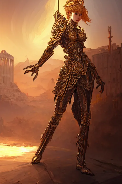 Prompt: portrait knights of zodiac girl, golden and copper shining armor, in ruined agora of athens sunrise, ssci - fi and fantasy, intricate and very very beautiful and elegant, highly detailed, digital painting, artstation, concept art, smooth and sharp focus, illustration, art by tian zi and wlop and z - - ed and ilya kuvshinov