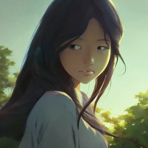 Prompt: beautiful young asian woman with long hair, realistic, detailed, cel shaded, in the style of makoto shinkai and greg rutkowski and james gurney