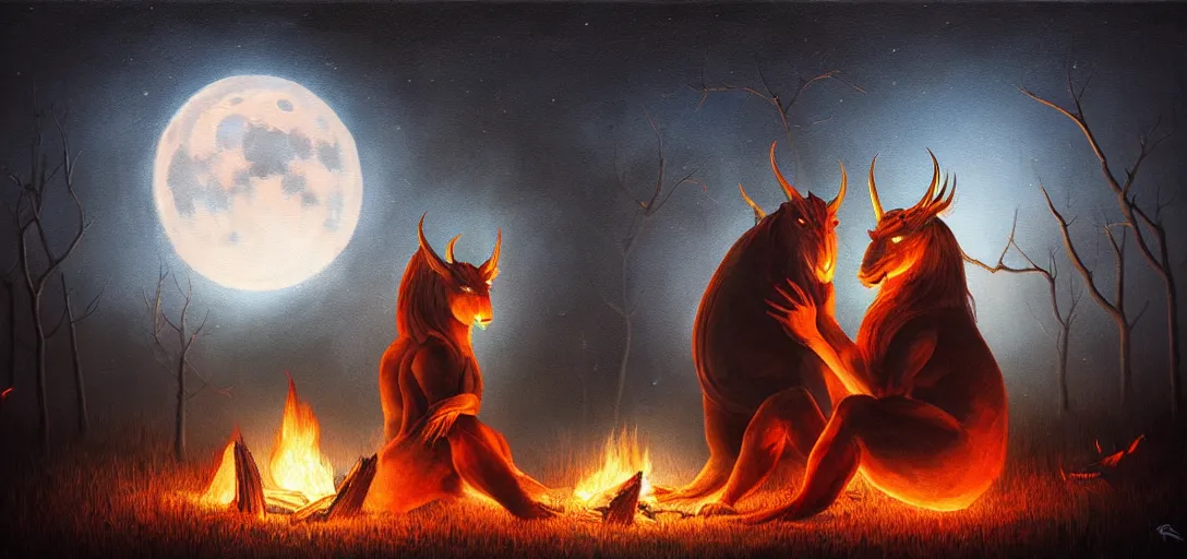 Image similar to strange mythical beasts of sitting around a fire under a full moon, surreal dark uncanny painting by ronny khalil