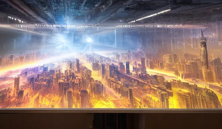 Image similar to large group people in open warehouse, looking at hologram of futuristic city on a table, cinematic concept art, godrays, golden hour, natural sunlight, 4 k, clear details, tabletop model buildings, center model buildings, hologram center, crane shot, crane shot, crane shot, godrays