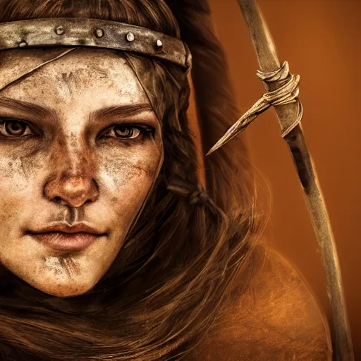 Image similar to a portrait of a female Viking warrior, rustic and weathered, holding a bow, retro, with a scar on her face. trending on artstation, ambient lighting, 4k render, ultra hd, behance art