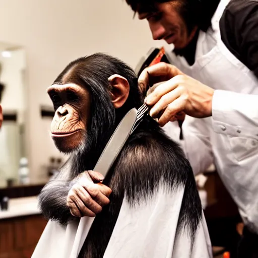 Image similar to chimpanzee getting a haircut at the barber, realistic, cute, photogenic, well lit