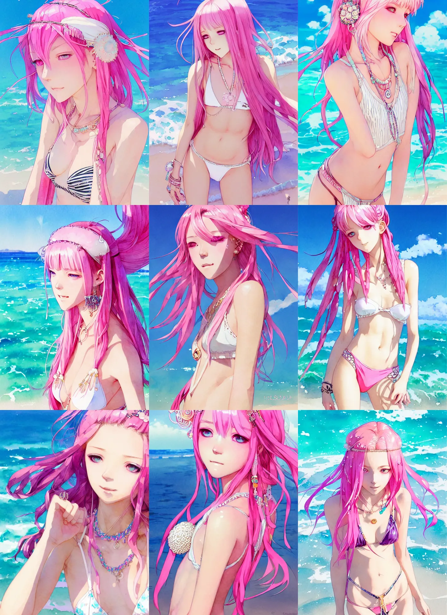 Prompt: portrait of a beautiful girl with pink hair with boho accessories, in white reflective bikini at beach, symmetry face, top lighting, cute - fine - face, ( watercolor ), light novel cover art, art by hidari and krenz cushart and wenjun lin and starember and kuvshinov ilya and kidmo and rossdraws and artgerm