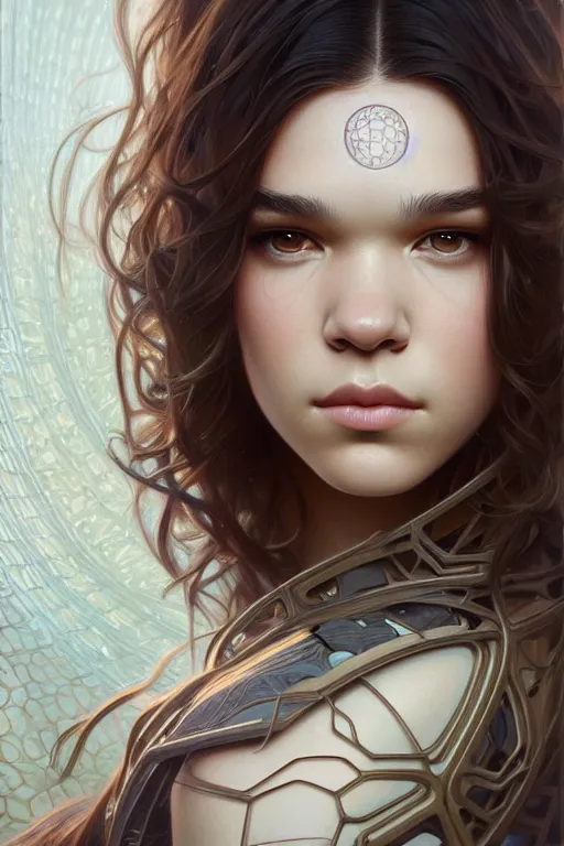 Image similar to symmetry!! portrait of hailee steinfeld, machine parts embedded into face, intricate, elegant, highly detailed, digital painting, artstation, concept art, smooth, sharp focus, illustration, art by artgerm and greg rutkowski and alphonse mucha, 8 k