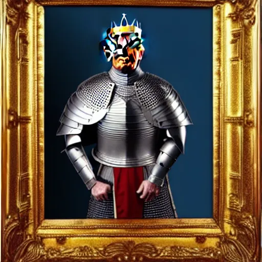 Prompt: full - body - front - shot, donald trump, knight'armor, crown, renaissance painting of a knight, detailed face