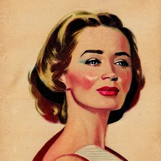 Image similar to “Emily Blunt portrait, color vintage magazine illustration 1950”