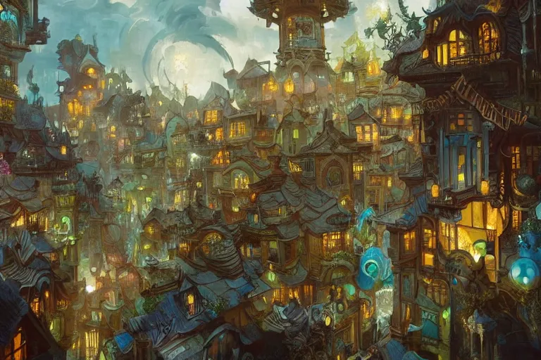 Image similar to multiversal otherworldly realm with streets and shops and lush garden and intricate luxurious homes, allegorical style, high detailed, octane render, serene, by peter mohrbacher, jeremy mann, francoise nielly, van gogh, ross tran, beautiful, award winning scenery