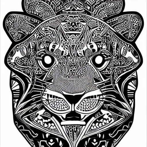 Prompt: jaguar head tattoodesign, sacred geometry, symmetrical, frontview, black and white, white background. very detailed ink drawing, fine lineart, extremely detailed