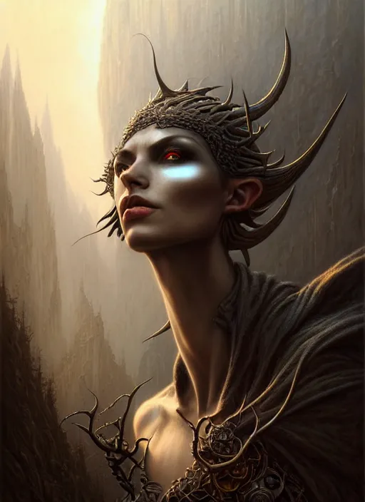 Image similar to portrait shot of dark evil elf in a scenic dystopian environment, intricate, elegant, highly detailed, centered, digital painting, artstation, concept art, smooth, sharp focus, illustration, artgerm, tomasz alen kopera, peter mohrbacher, donato giancola, joseph christian leyendecker, wlop, boris vallejo