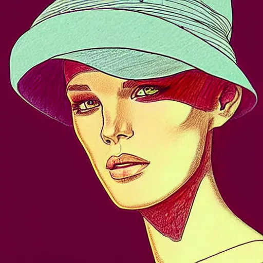 Prompt: drawing portrait of beautiful gorgeous woman with hat by Moebius science fiction