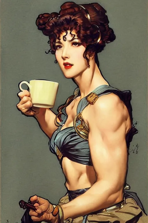 Image similar to attractive hercules played as a woman drinking coffee, painting by j. c. leyendecker, yoji shinkawa, katayama bokuyo