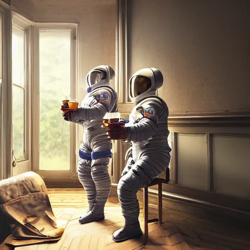 Image similar to 3 cosmonauts in a spacesuit drinks a steaming cup of tea at an old wooden desk in a richly decorated victorian house. the autumn light comes in through a window and dimly illuminates the room, diffuse light, octane render