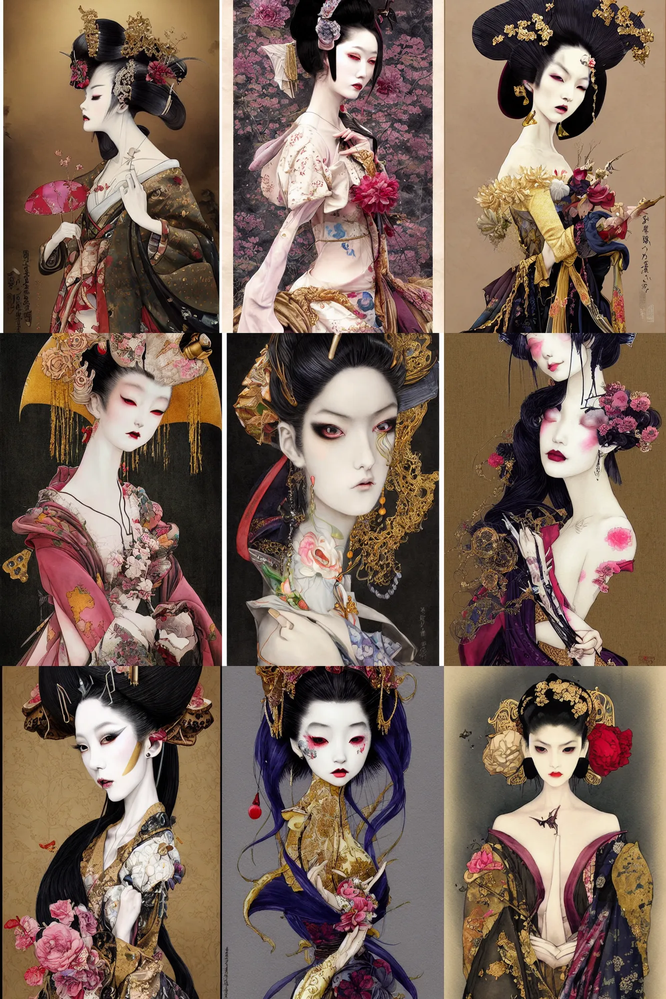Prompt: watercolor painting avant - garde vogue fashion portrait of a japanese bjd geisha vampire queen with a long neck in a victorian lolitafashion painted by yoshitaka amano, tom bagshaw, ayami kojima, intricate detail, artstation, artgerm, in the style of dark - fantasy rococo, gold leaf art
