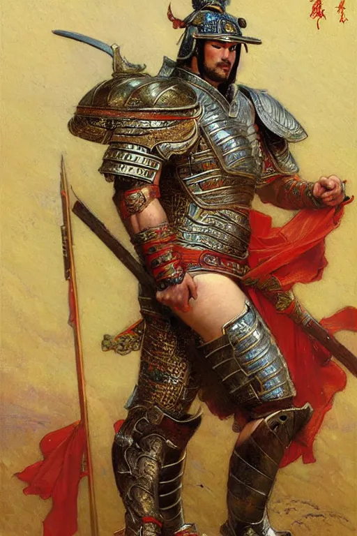 Image similar to beefy male wearing armor, tang dynasty, colorful, painting by gaston bussiere, craig mullins, j. c. leyendecker, tom of finland