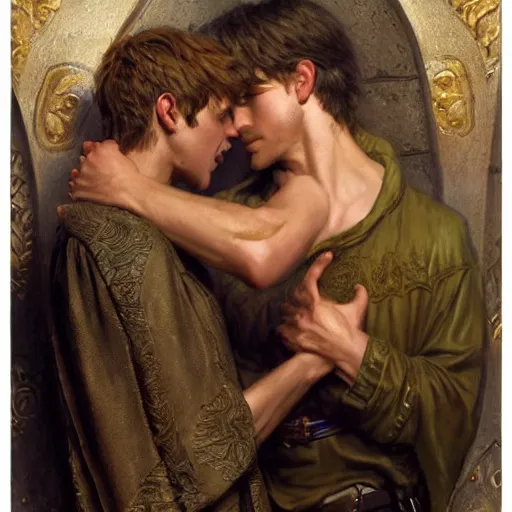 Image similar to attractive arthur pendragon confesses his love to attractive male merlin. highly detailed painting by gaston bussiere, craig mullins, j. c. leyendecker 8 k