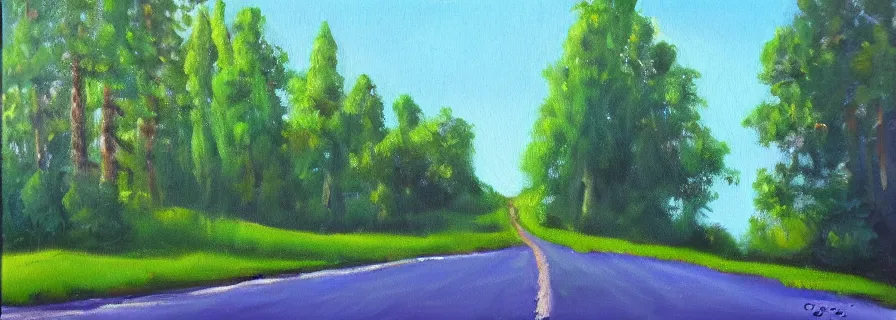 Image similar to road summer, trip style, soft lightning, green trees, oil painting by olga sacharoff