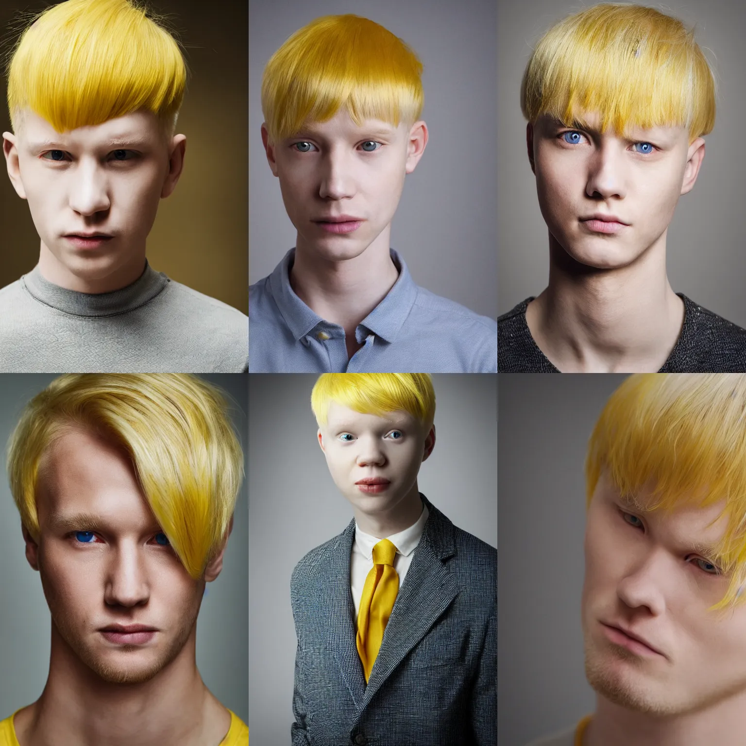 Prompt: portrait of man with albino white color skin with brilliantly golden yellow hair bowlcut haircut 4k