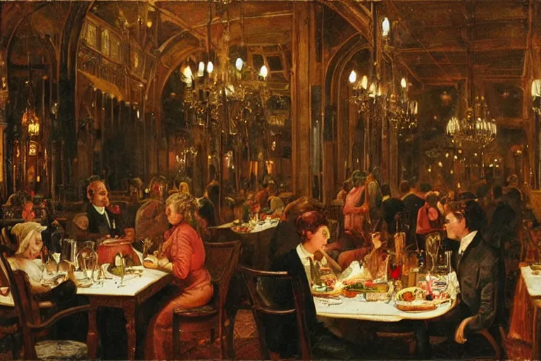 Prompt: people eating inside victorian restaurant, inferno dream by bosch