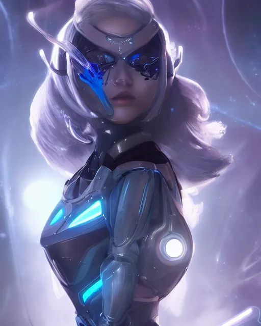 Image similar to perfect android girl on a mothership, warframe armor, beautiful face, scifi, futuristic, galaxy, nebula, raytracing, dreamy, long white hair, blue cyborg eyes, sharp focus, cinematic lighting, highly detailed, artstation, divine, by gauthier leblanc, kazuya takahashi, huifeng huang