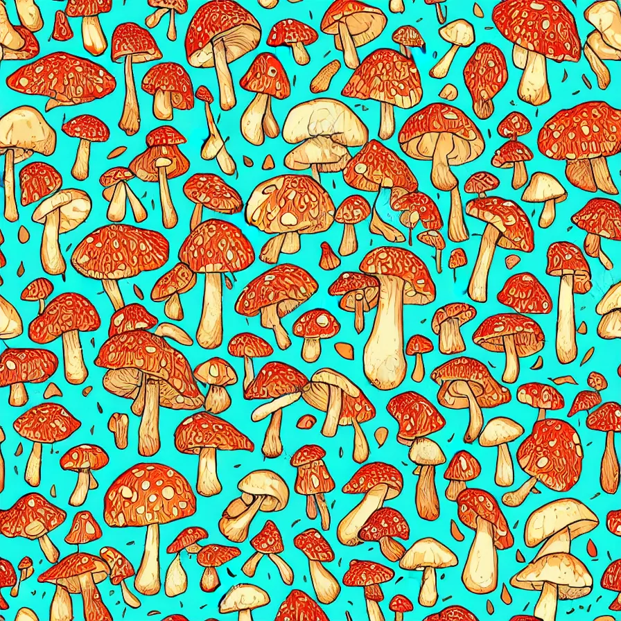 Image similar to macro photo with a mushroom characters and mycelium, very close to real nature, natural colors and natural surroundings, painted patterns and coloring on mushrooms, seamless fabric pattern 8K, highly detailed, cartoon