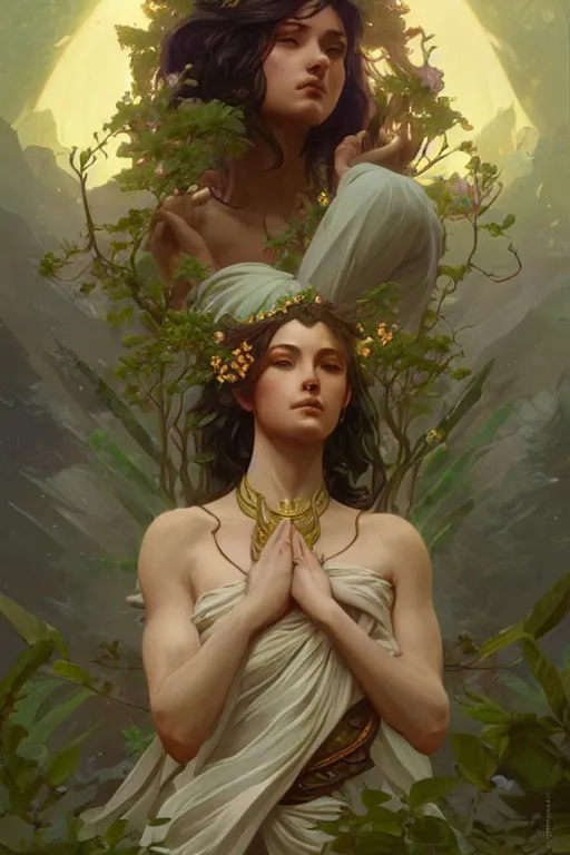 Image similar to goddess of nature, accurate anatomy, only two hands, highly detailed, digital painting, artstation, concept art, smooth, sharp focus, illustration, Unreal Engine 5, 8K, art by Ross Tran and greg rutkowski and alphonse Mucha