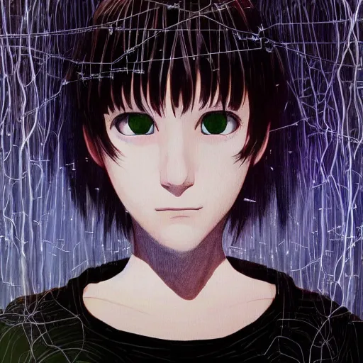 Image similar to beautiful pure evil teenager lain, cute haircut, with hundreds of network cables, neatly coming out of her head, a part of her face panel is showing, she is in pure bliss, chaos, bizarre, strange, portrait, painting, soft and intricate, fine lines