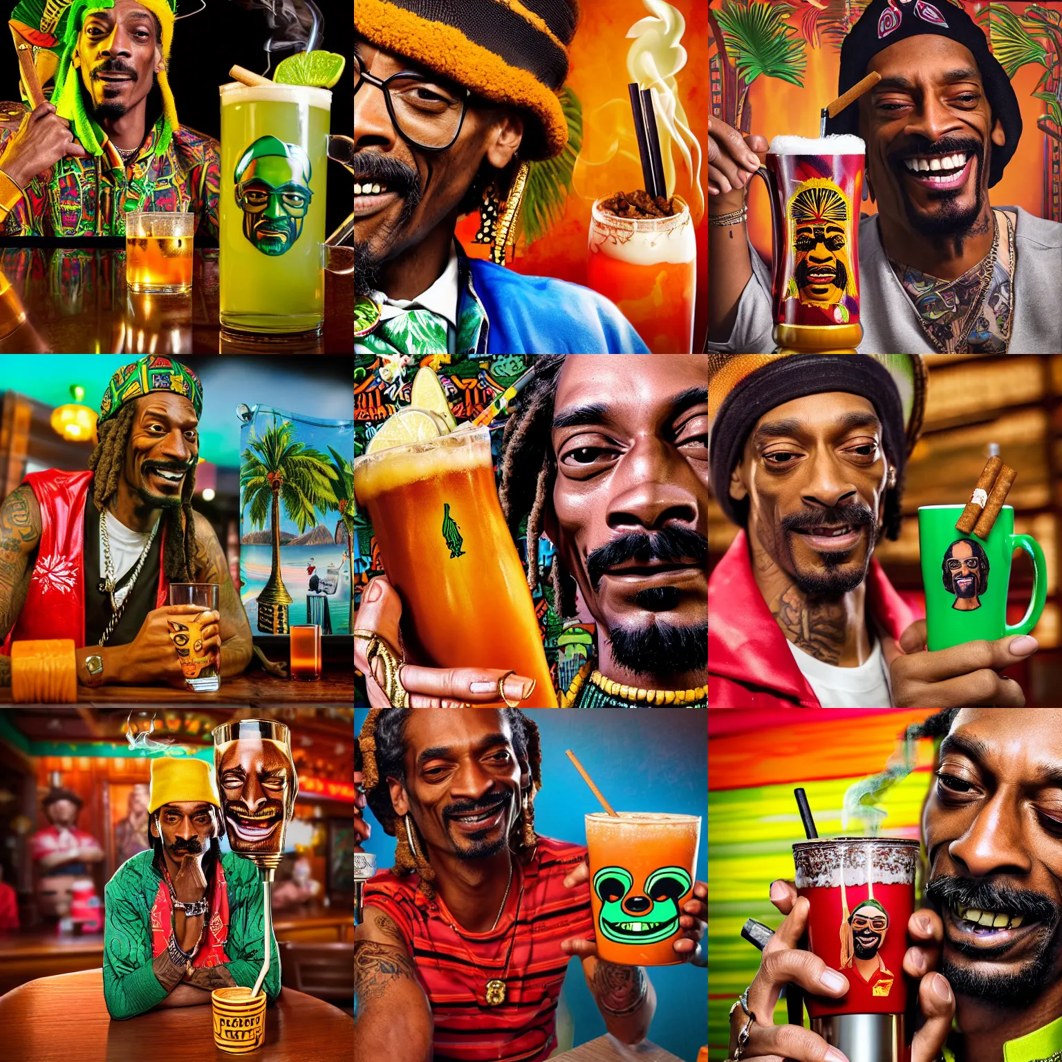 Prompt: a closeup photorealistic photograph of happy blunt smoking snoop dogg at trader vic's bar sitting next to a trader vic's themed tiki mug featuring snoop dogg's face. tiki culture. bright scene. 4 k hd image that's trending on artstation, featured on behance, well rendered, extra crisp, features epic composition and the style of unreal engine.