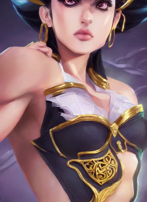 Image similar to a highly detailed illustration of beautiful girl cosplaying jotaro kujo, hyperdetailed perfect face, dramatic pose, intricate, elegant, highly detailed, centered, digital painting, artstation, concept art, smooth, sharp focus, league of legends concept art, wlop.