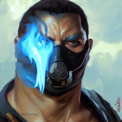 Image similar to greg manchess portrait painting of smoke from mortal kombat as overwatch character, medium shot, asymmetrical, profile picture, organic painting, sunny day, matte painting, bold shapes, hard edges, street art, trending on artstation, by huang guangjian and gil elvgren and sachin teng