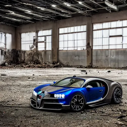 Image similar to an abandoned, derelict, ( really rusty ) bugatti chiron in a dirty warehouse