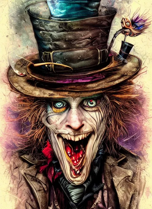 Image similar to mad hatter, angry, scary, cheeky, steampunk style, highly detailed, cinematic, 8 k, by megan duncanson, benjamin lacombe, stanley artgermm, tom bagshaw, craig mullins, carne griffiths, ayami kojima, beksinski, giger, trending on deviantart, hyper detailed, horror, full of colour