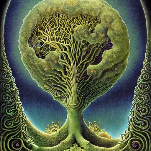 Image similar to sacred mulberry tree by roger dean and andrew ferez, art forms of nature by ernst haeckel, divine chaos engine, symbolist, visionary, art nouveau, botanical fractal structures, tree of life, lightning bolts, detailed, realistic, surreality