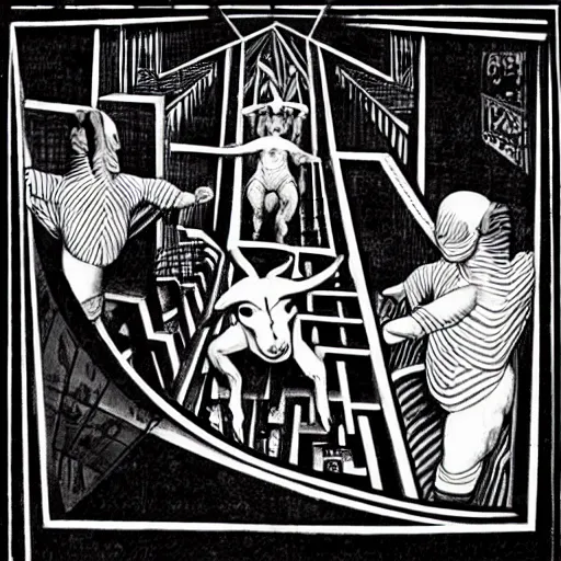 Image similar to andrew lloyd webber apprehensively enters the labyrinth of the minotaur, mc escher