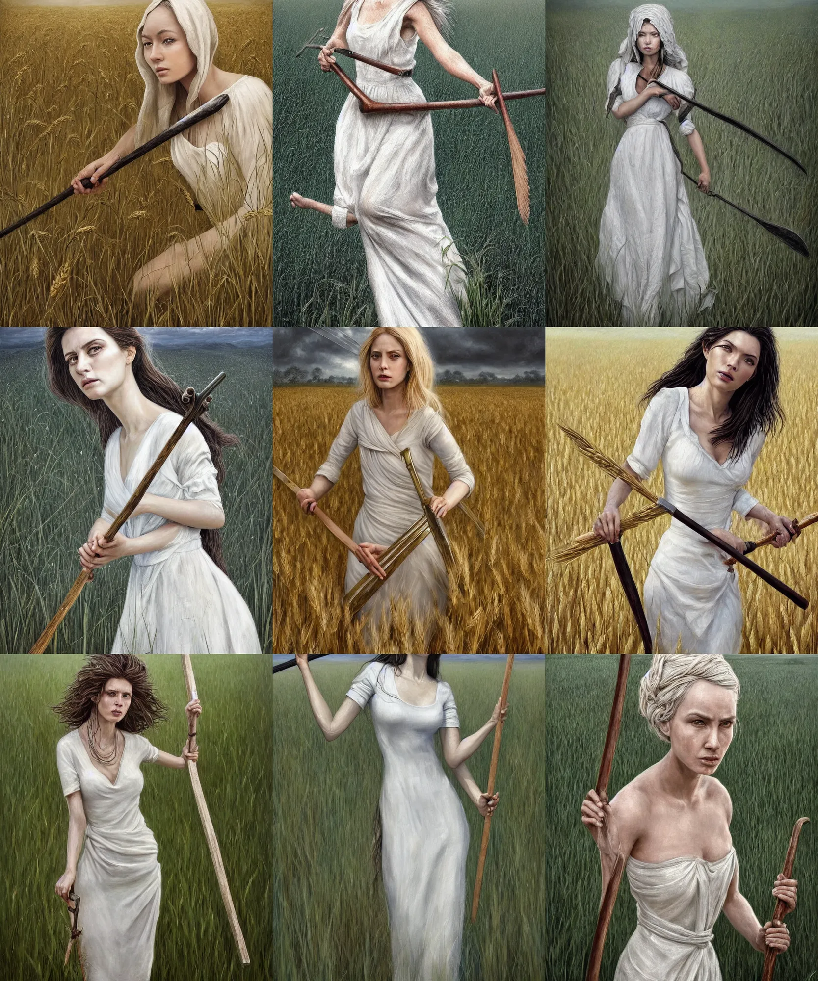 Prompt: Hyper realistic detailed painting of a Paludnitsa!!! (in a lush wheat crop) holding a scythe. Perfect face, beautiful!!!, white dress, menacing!!, melancholic!!, dreamlike, highly detailed, sharp focus, digital painting, art by Eddie Mendoza, detailed and intricate environment, highly detailed, award winning art.