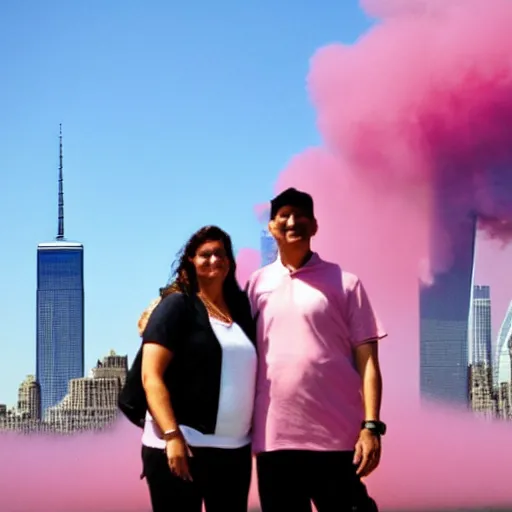 Prompt: a proud couple standing in front of 9 / 1 1 with pink smoke