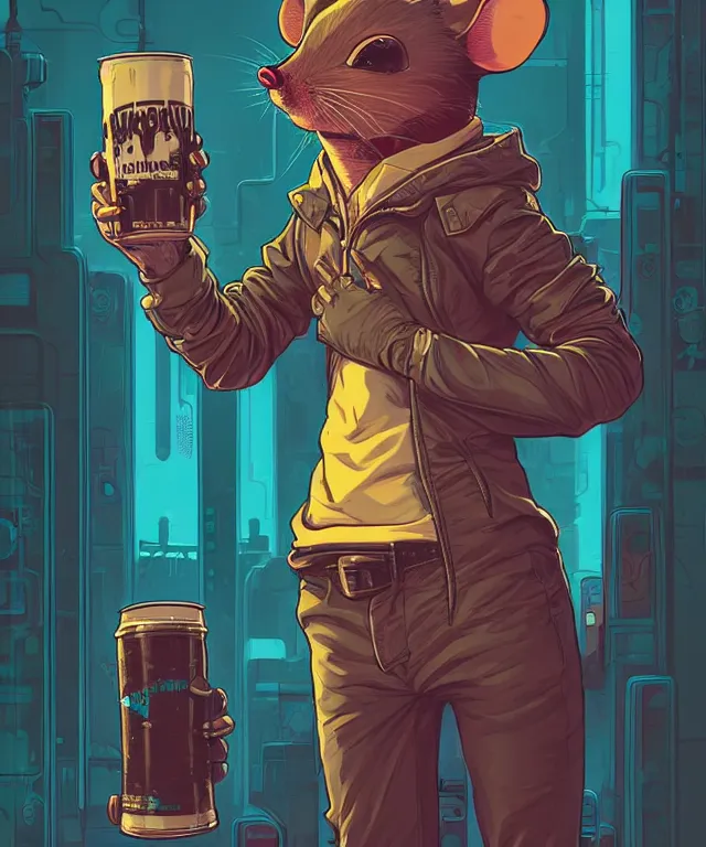 Image similar to a portrait of an anthropomorphic cyberpunk mouse holding a can of beer, cyberpunk!, fantasy, elegant, digital painting, artstation, concept art, matte, sharp focus, illustration, art by josan gonzalez