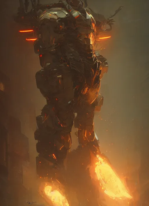 Image similar to a photorealistic dramatic hyperrealistic render of an armored fire golem by wlop, greg rutkowski, alphonse mucha, beautiful dynamic dramatic dark moody lighting, shadows, cinematic atmosphere, artstation, concept design art, octane render, 8 k