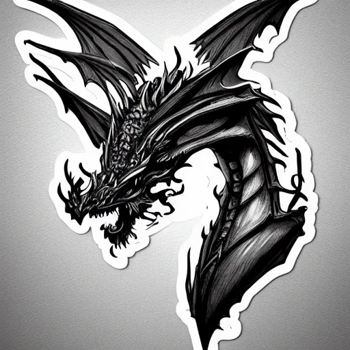 Image similar to dragon, sticker, b & w, white outline, by artgerm and greg rutkowski, grey background