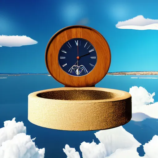 Image similar to a clock floating on an floating island, there are clouds around, it is on earth, on the background there are other floating islands too, floating at the ozone layer, cartoony, 4 k resolution, award winning