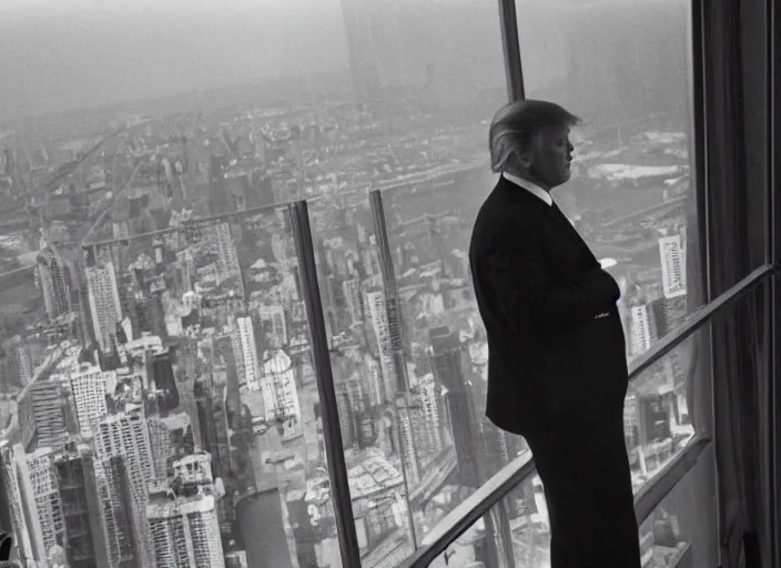 Image similar to screenshot cinematic wide shot from moody scene of Donald Trump pensive in trump tower apartment, from the film High and Low, 1963 directed by Akira Kurosawa, kodak film stock, black and white, anamorphic lens, 4K, detailed, stunning cinematography and composition shot by Takao Saito, 70mm