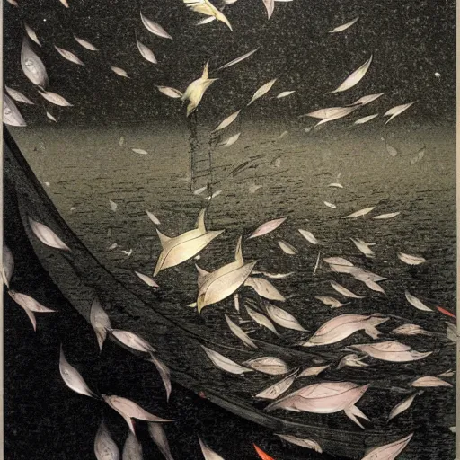 Prompt: carp falling from the sky, yoshitaka amano