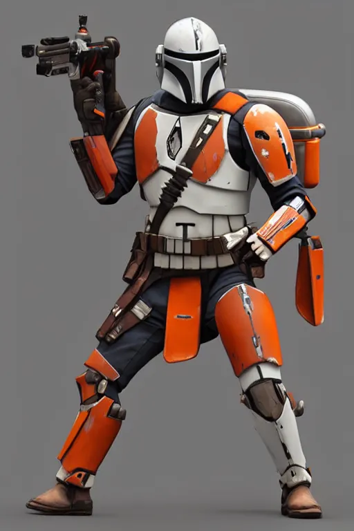 Image similar to mandalorian overwatch style statue made of white and orange marble standing, 3 d render, octane render, unreal engine, overwatch, detailed, dynamic light, beautiful, rococo, accents of red