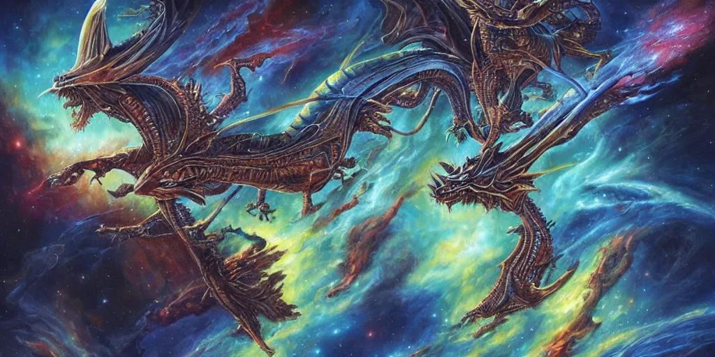 Image similar to an alien dragon flying in outer space, epic nebula, Dan Seagrave art